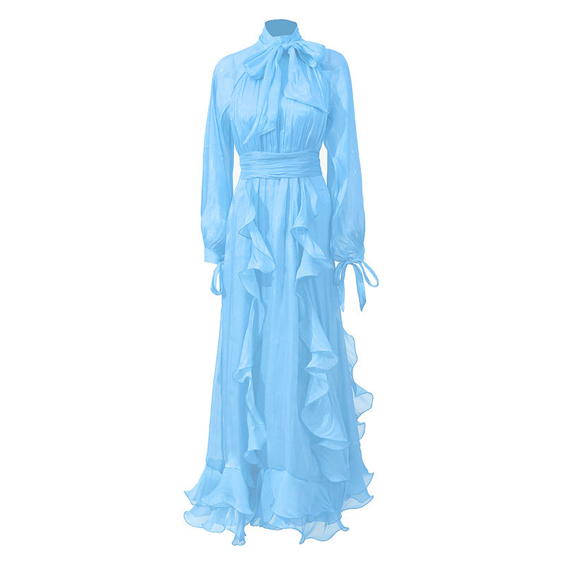 Designed Elegant Fashionable Lantern Sleeve & Ruffled Hem Solid Color Summer Dress for Women