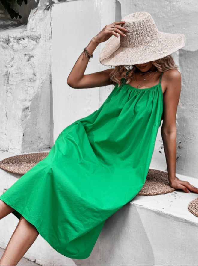 Green Backless Summer Beach Holdiay Midi Dresses