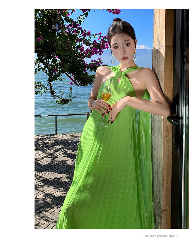 Elegant Neck-Tie Flowy Ruffle Dress – Maxi Pleated Skirt, Resort Vacation & Beach Cover-Up