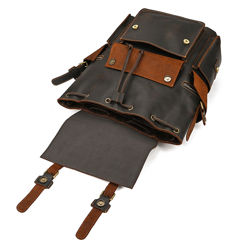 Retro Crazy Horse Leather Backpack – Large Capacity 16-Inch Cowhide Laptop & Travel Bag with Multi-Flap Pockets