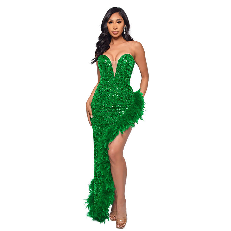 Gorgeous Strapless Sequined Feather Decoration Party Dresses-Dresses-Green-S-Free Shipping at meselling99