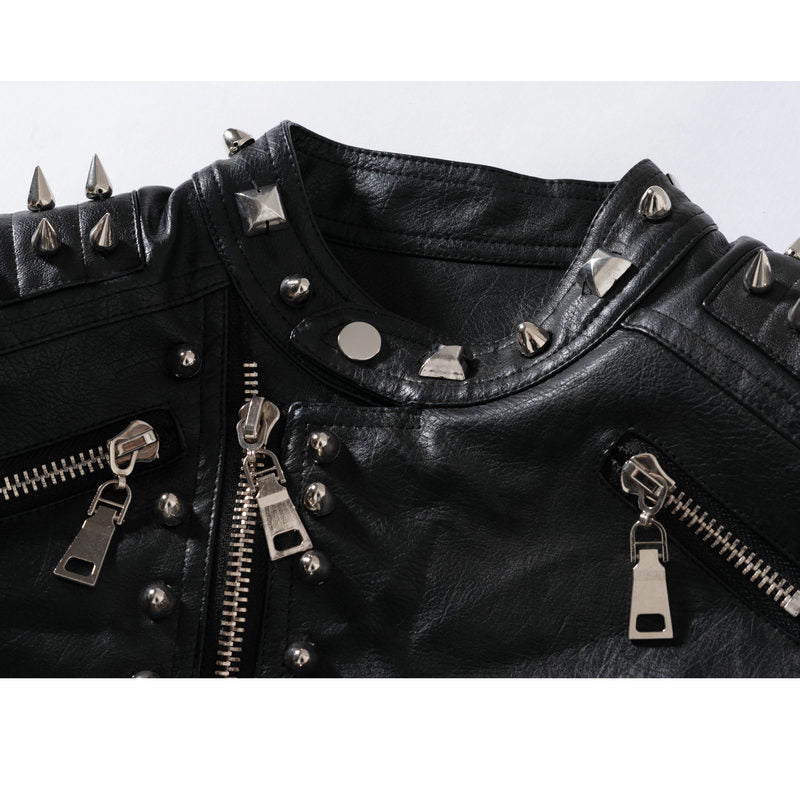 Black Punk Style Rived Short PU Jacket for Women