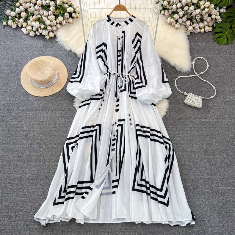 Retro Palace Style Lantern Sleeve Round Neck A-Line Floral Print Button-Down Waist Dress