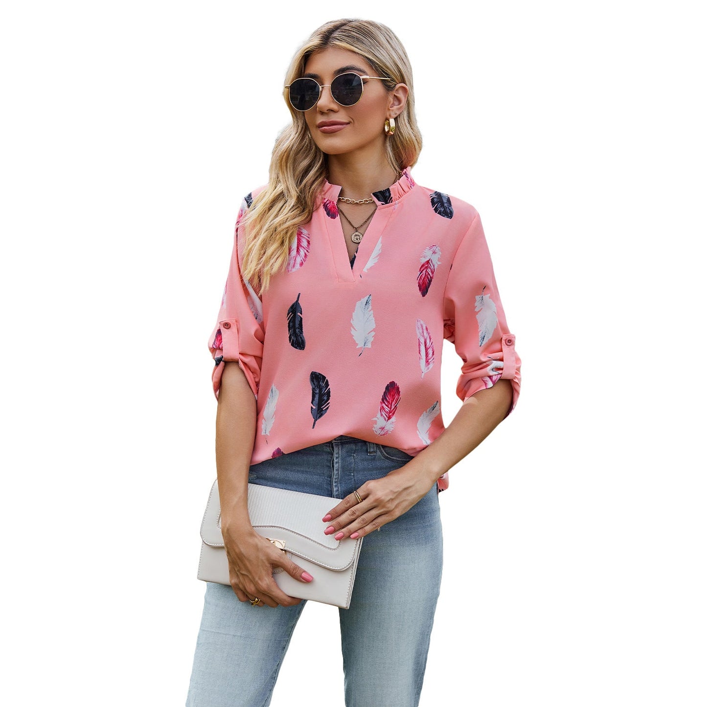 Casual Summer Feather Print 3/4 Sleeves Shirts