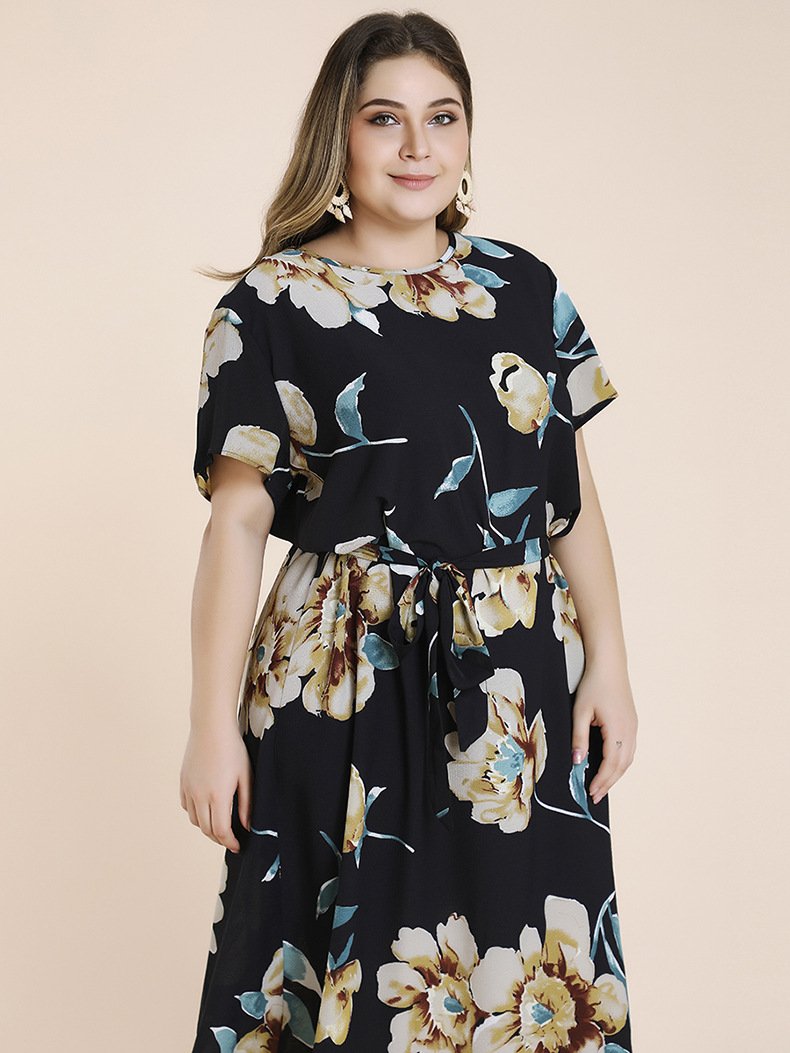 Women Plus Sizes Short Sleeves Foral Print Long Dresses-Plus Size Dresses-Free Shipping at meselling99