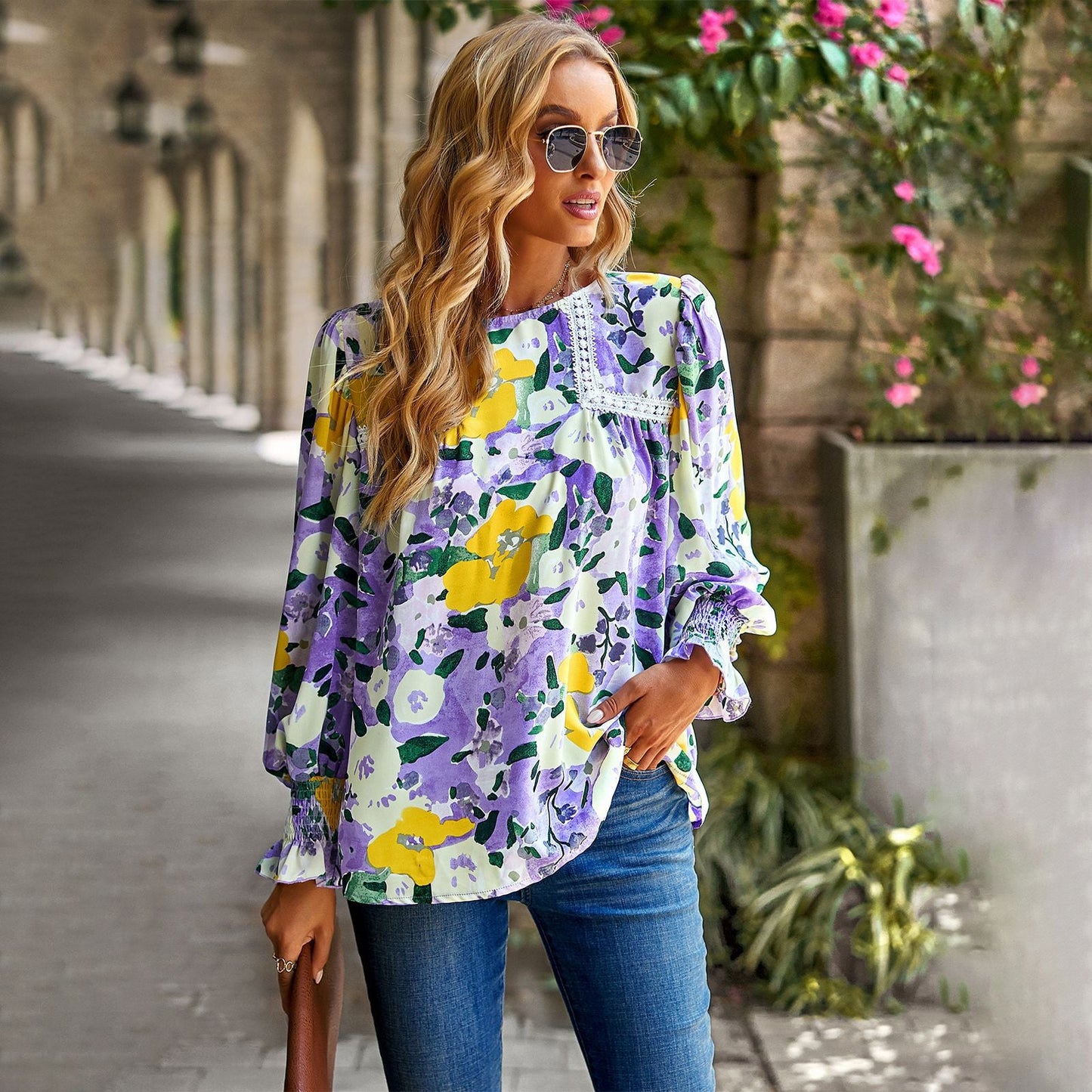 Elegant Floral Print Long Sleeves Blouses