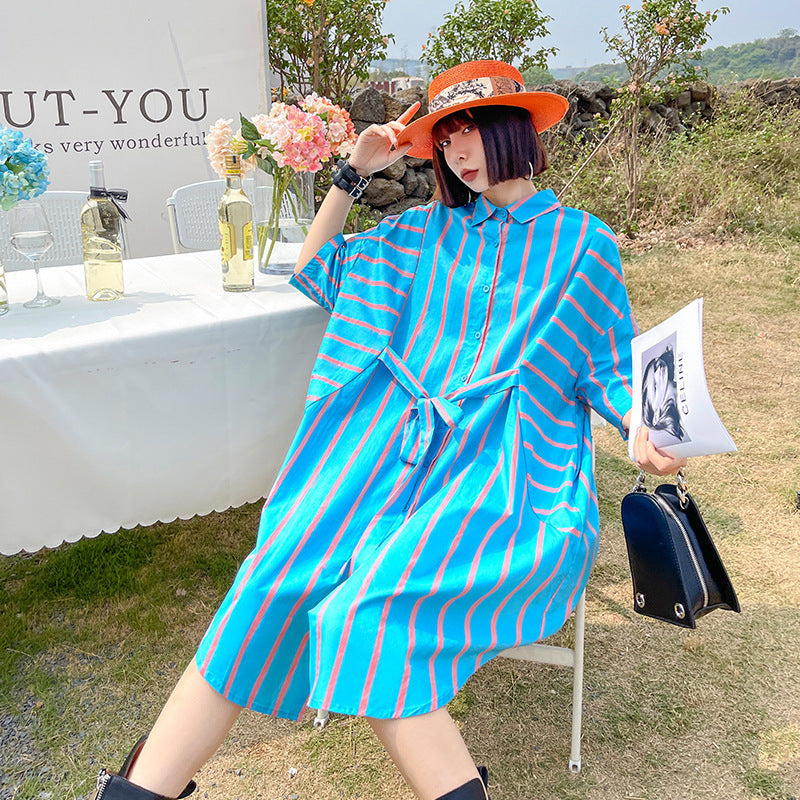 Vintage Striped Summer Short Shirts Dresses-Dresses-Blue-One Size-Free Shipping at meselling99