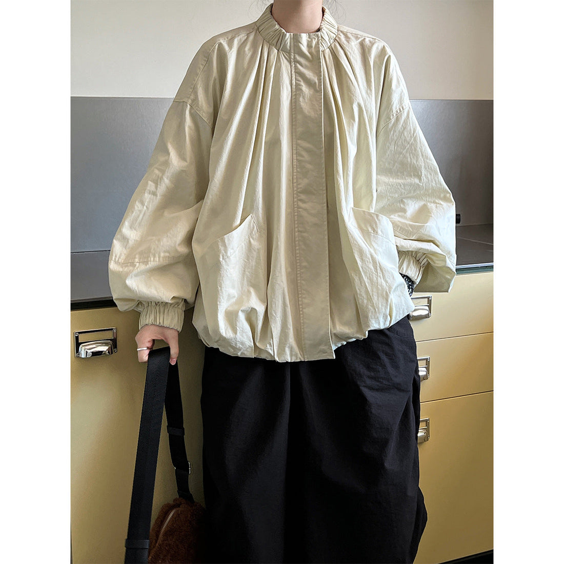 Women's Stand Collar Zip-Up Cotton Jacket-Black-M-Free Shipping Leatheretro