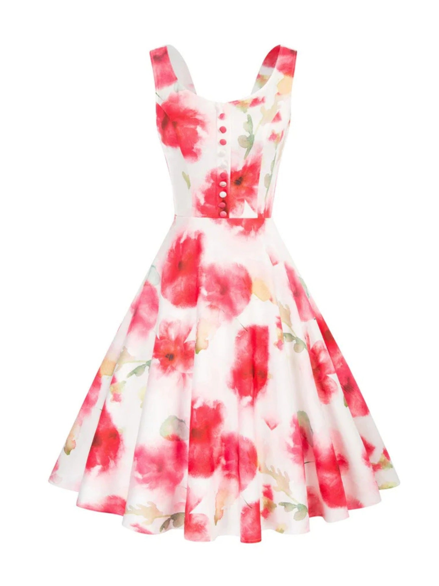 Retro Homecoming Dress - Floral Print A-Line Swing Dress with Buttons