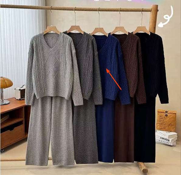Women's Fashion Casual Long Sleeve Sweater Set – Winter Warm Knit Pullover & Wide-Leg Pants Two-Piece Outfit