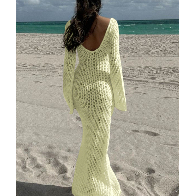 Women's V-Neck Long Sleeve Beach Cover-Up Dress