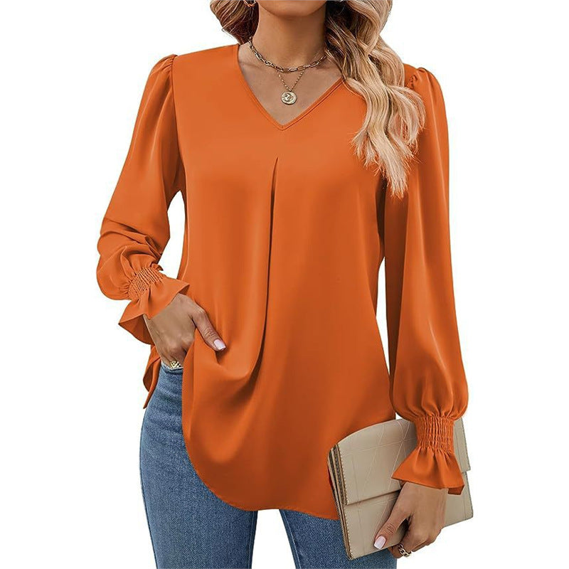 Women's Solid Color Chiffon V-Neck Bell Sleeve Blouse