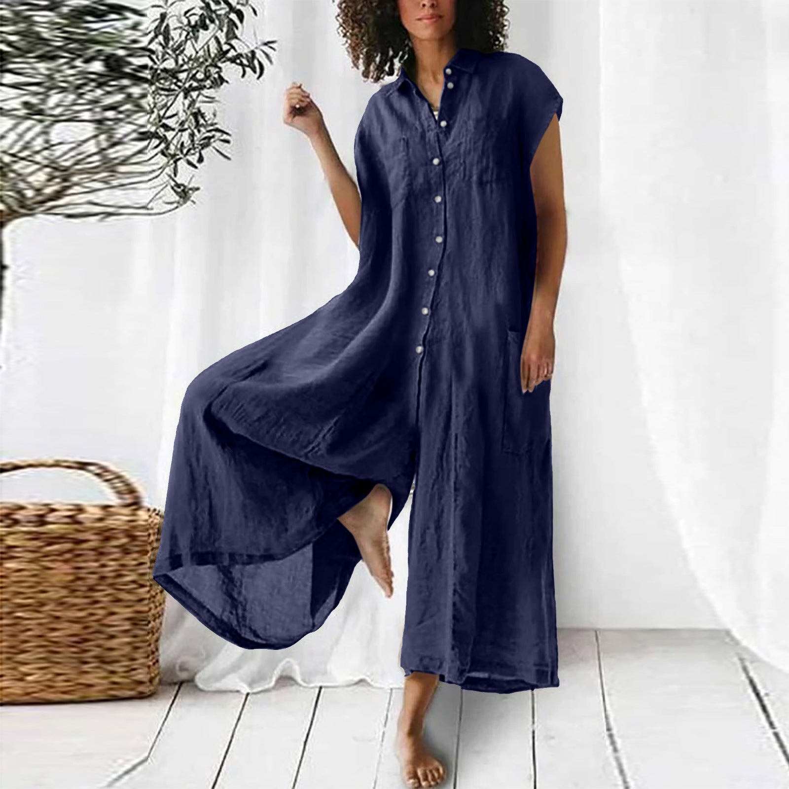Women's Summer Linen Blend Solid Color Plus Size Jumpsuit