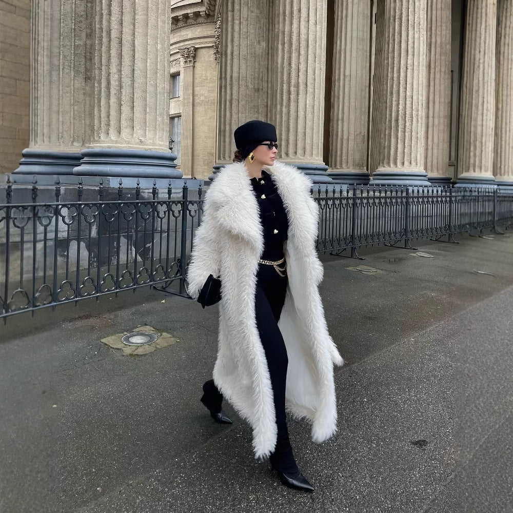 White Knee-Length Faux Fur Coat – Thick & Elegant Toca Eco-Friendly Faux Fur Jacket