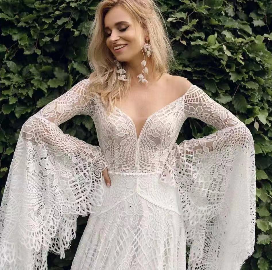 V-Neck Lace Backless Light Wedding Dress