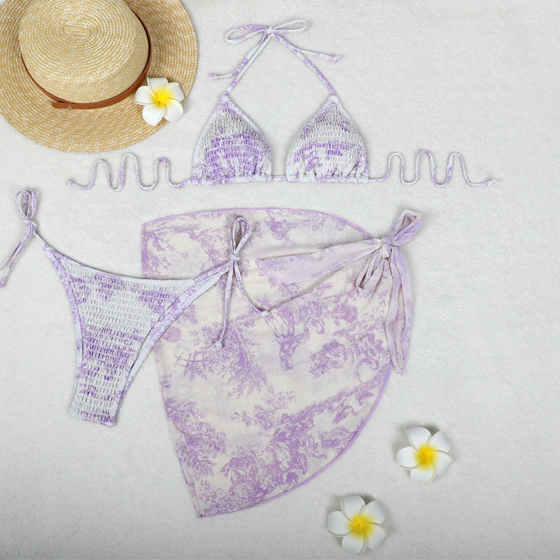 Print Bikini Three-Piece Set – Sheer Skirt Separates, Sexy Vacation Swimwear