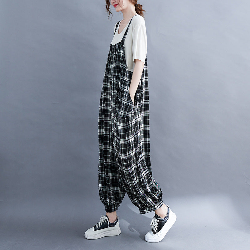 Vintage Plaid Plus Sizes Jumpsuits for Women