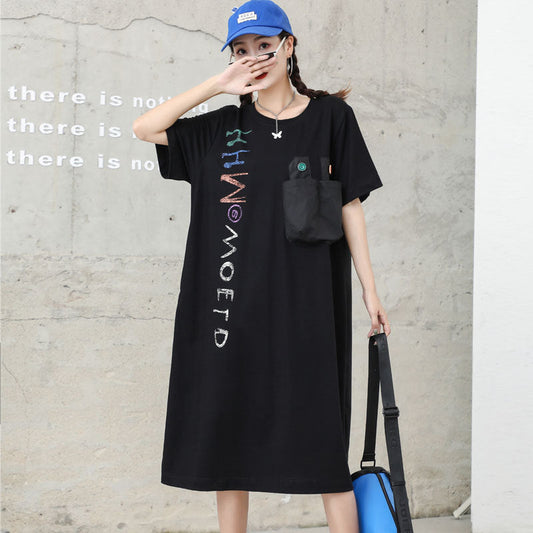 Letter Designed Summer Short Sleeves Plus Sizes Midi Dresses-Dresses-Black-One Size-Free Shipping at meselling99