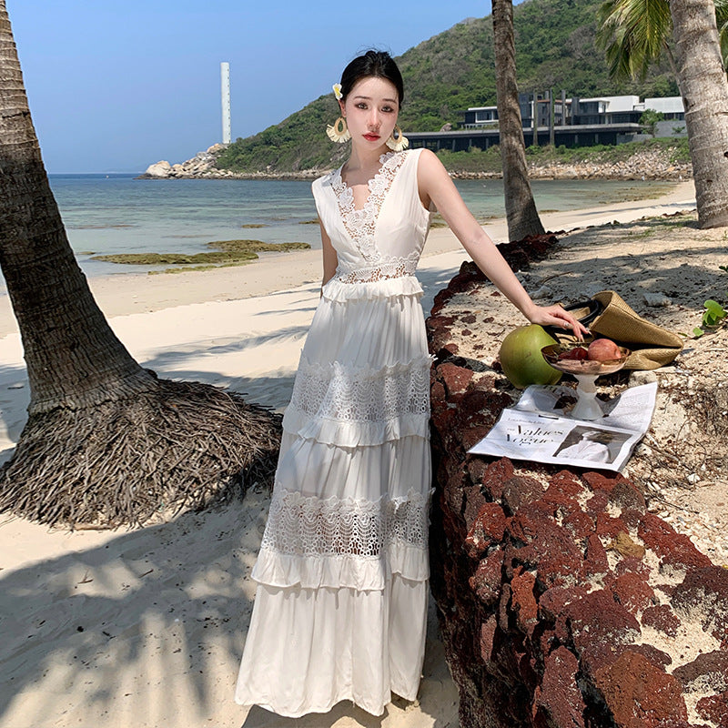 White Lace Cutout Dress -  Boho Summer Sundress for Vacations