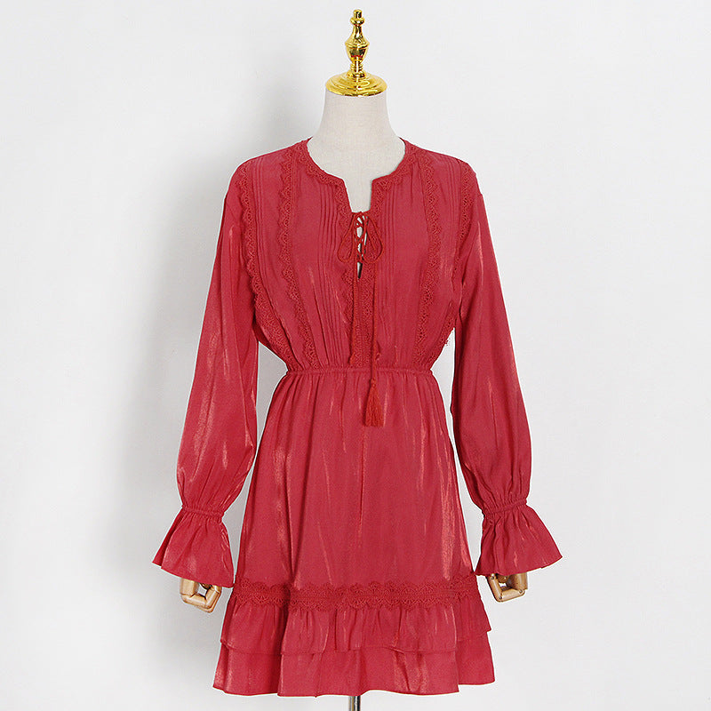 Retro V-Neck Tie-Waist Flare Sleeve Short Dress