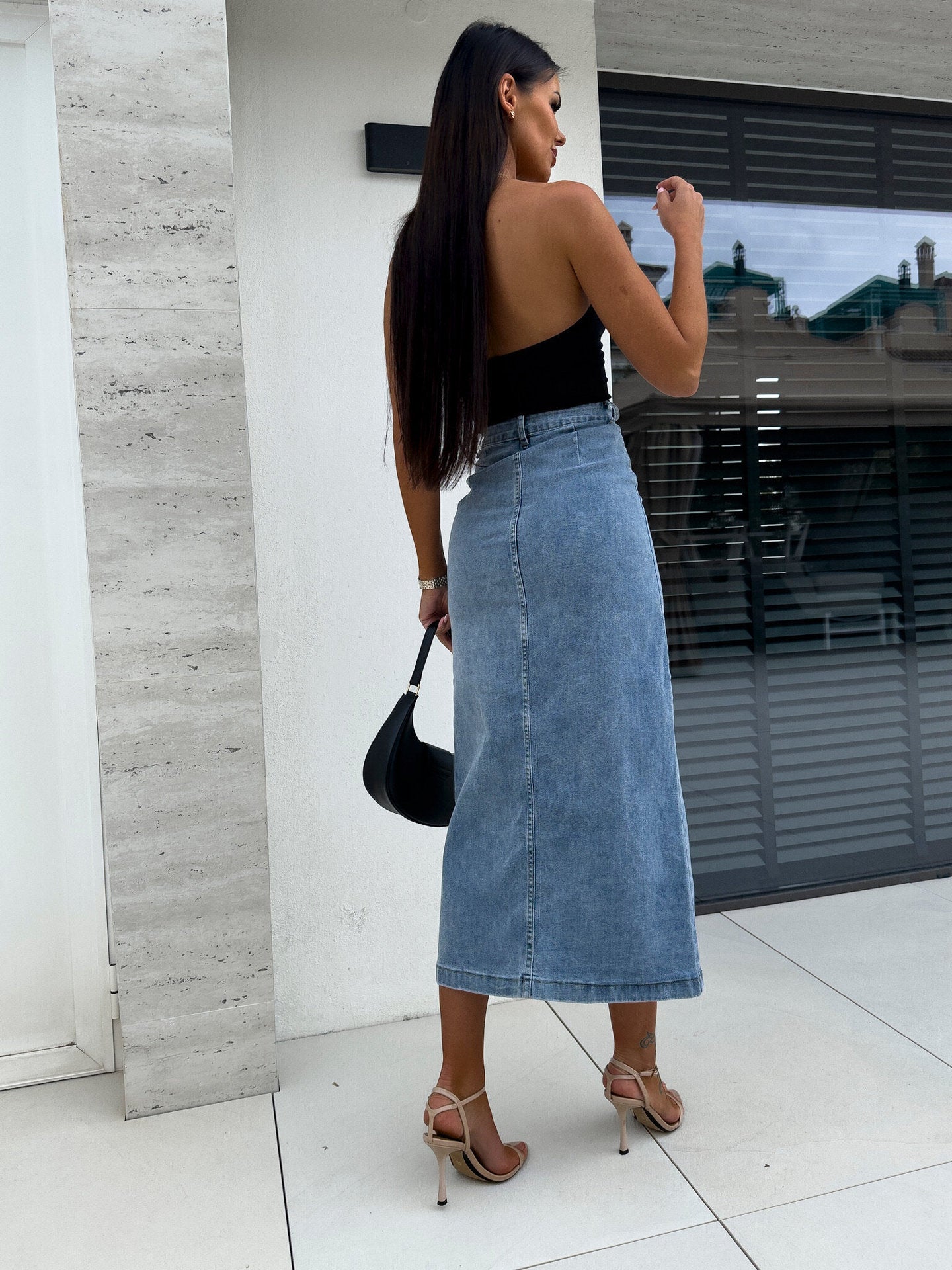 High Waist Asymmetrical Button-Down Denim Pencil Skirt