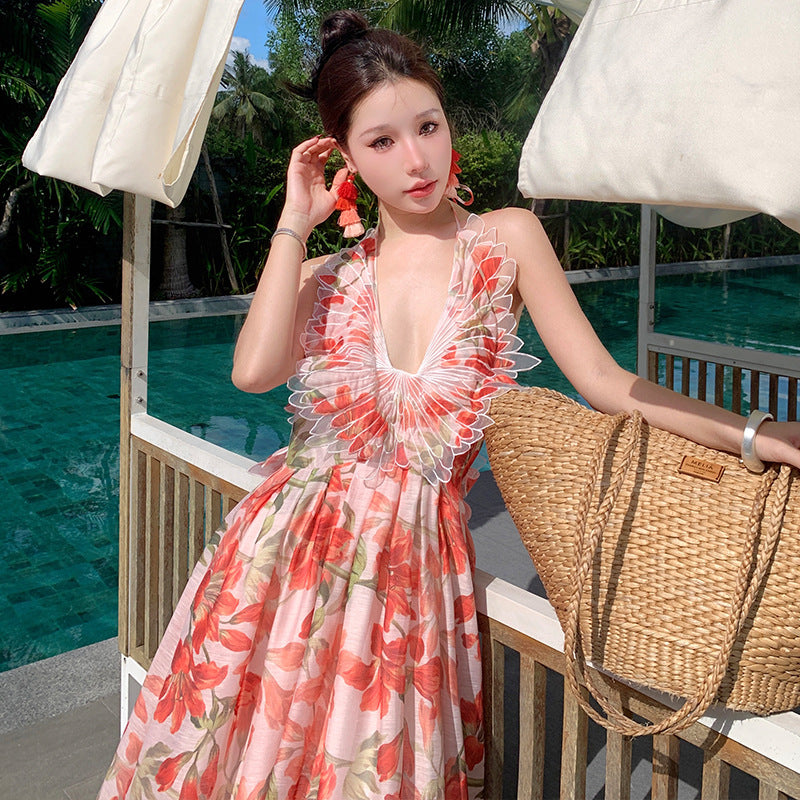 Lily Flower Winged Halter Backless Maxi Dress – Elegant Summer Vacation Gown