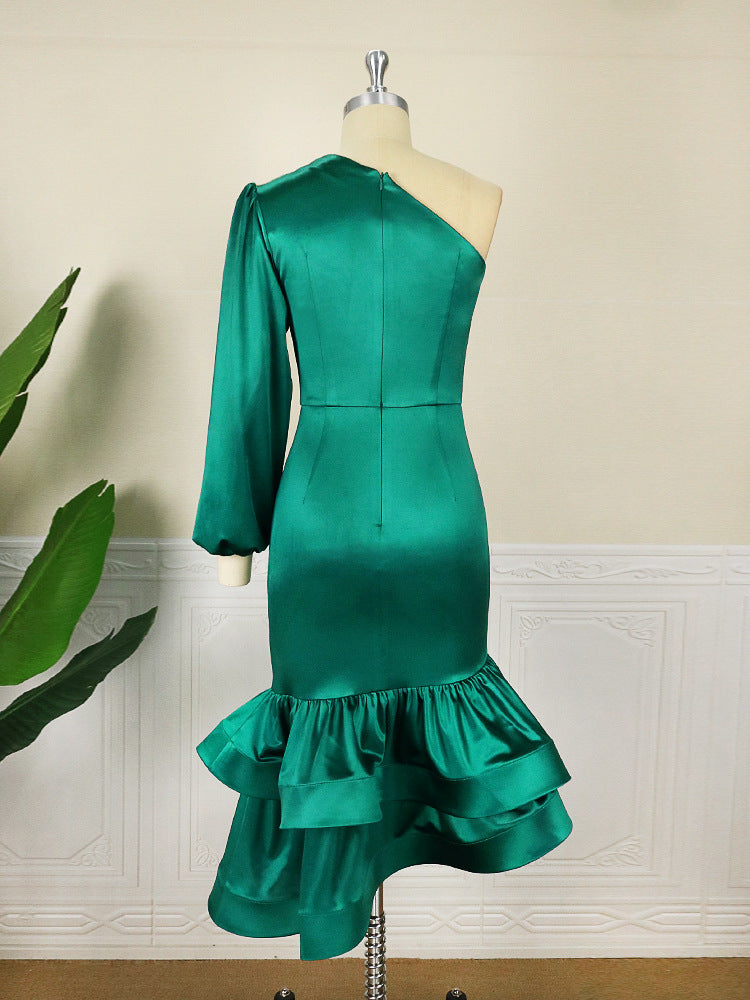 Designed One Shoulder Irregular Green Evening Party Dresses-Dresses-Free Shipping at meselling99