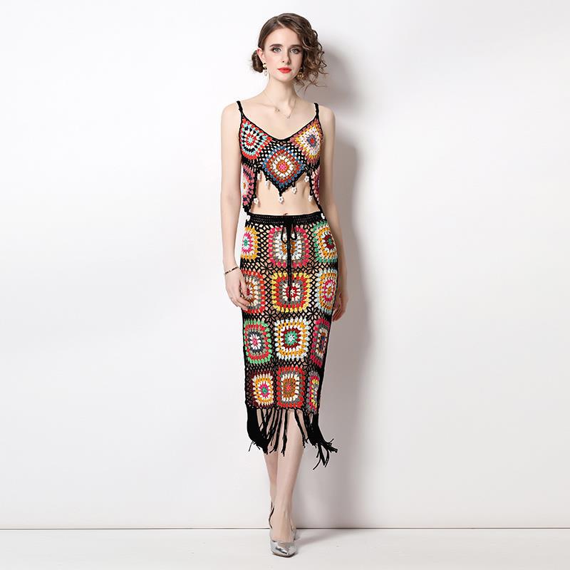 Bohemia Crochet Knitted Women Tank Tops and Skirts Suits