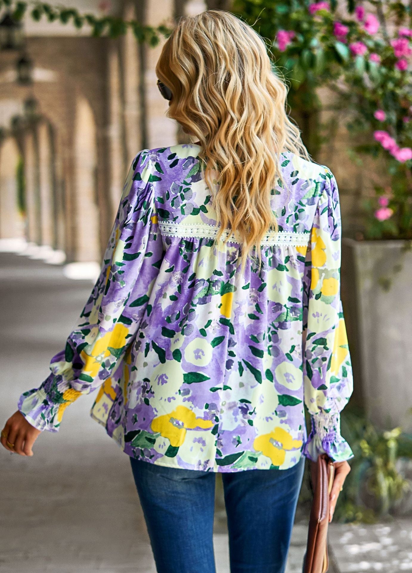 Elegant Floral Print Long Sleeves Blouses