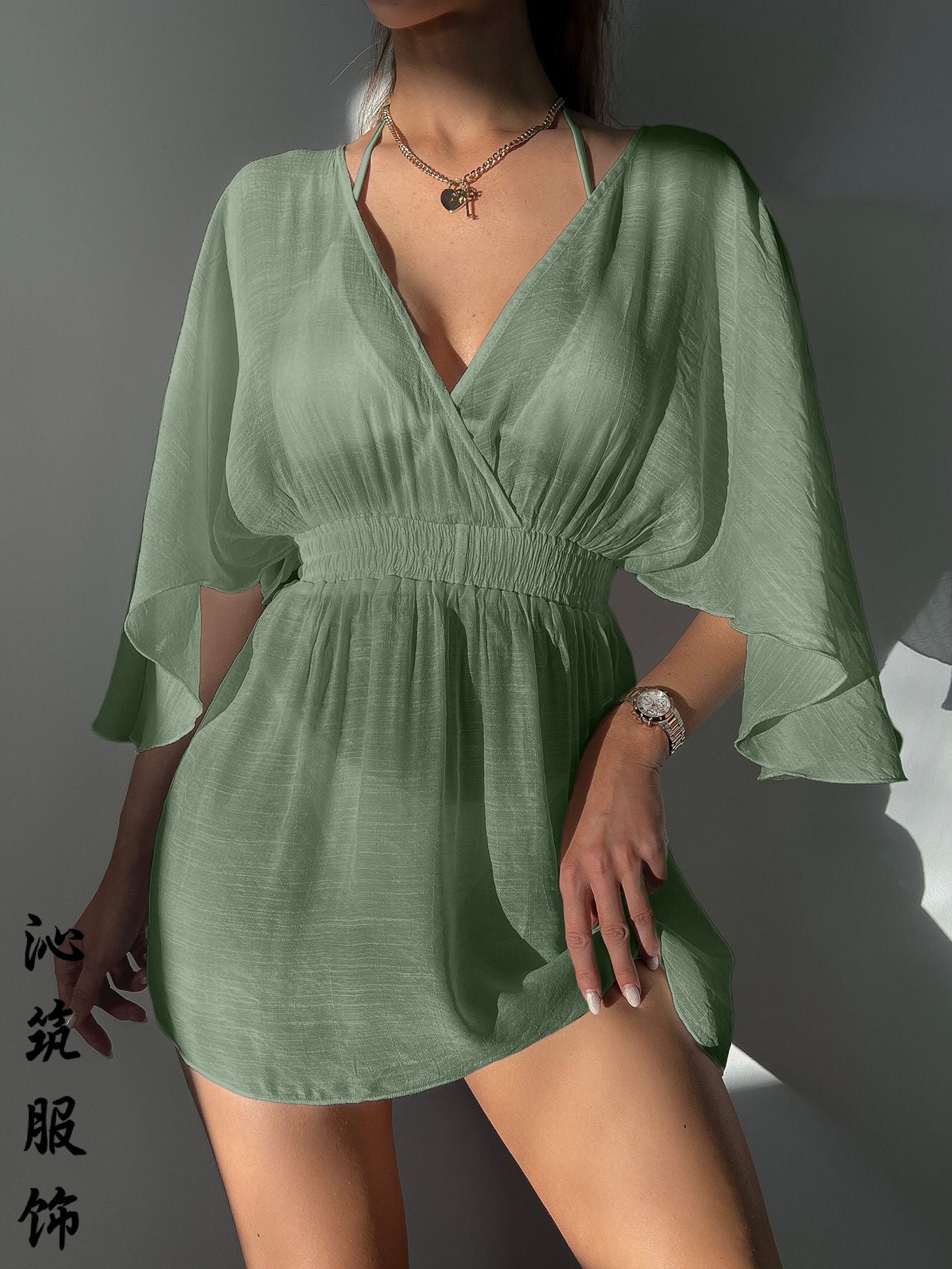 Sexy Backless Beach Dress – High-Waist Short Sleeve Wrap Shirt for Women