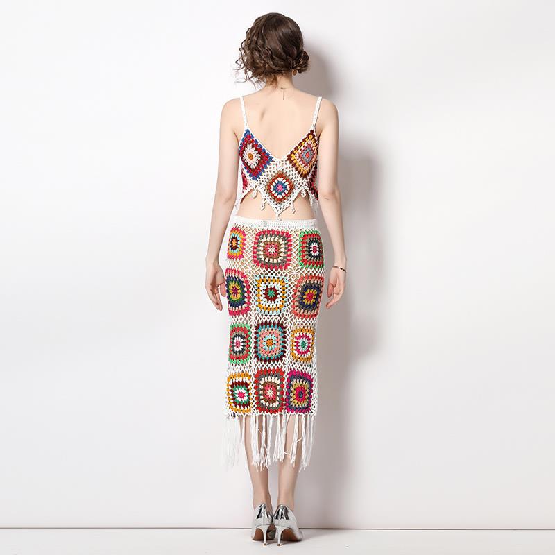 Bohemia Crochet Knitted Women Tank Tops and Skirts Suits
