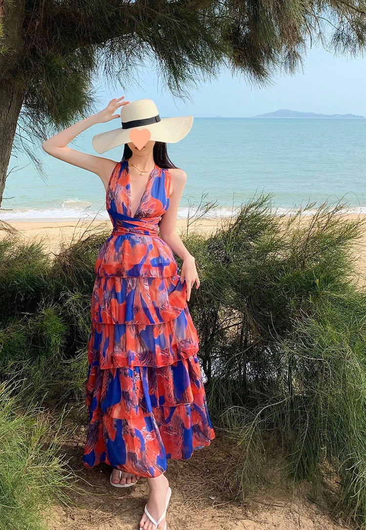 Halter Neck Printed Maxi Dress – High Waist, Backless Beach Cover-Up