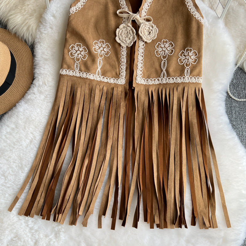 Bohemian Vintage Vest – Embroidered Floral Long Fringe Open Front Cardigan