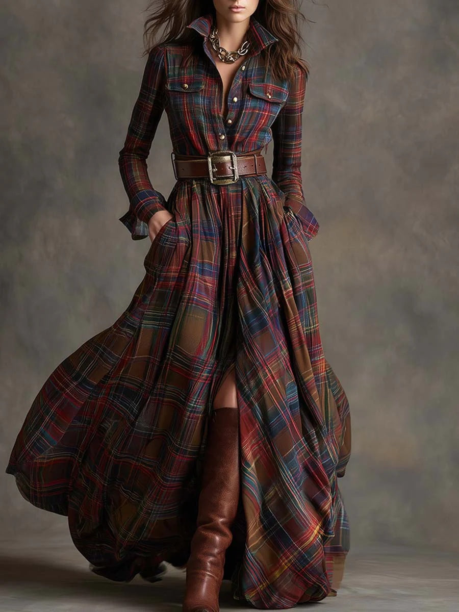 Plus Size French Vintage Plaid Slimming Irregular Hem Dress