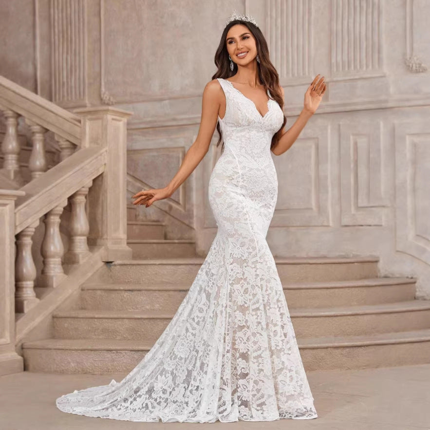 Sexy Deep V Sleeveless Mermaid Lace Wedding Dress