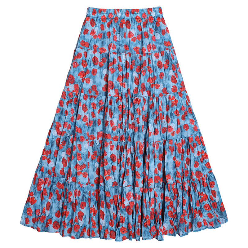 Yuan Su's new summer Wizard of Oz floral pleated skirt, high waist versatile and thin wrinkled A-shaped big swing skirt-Safflower on blue background-one size fits all-Free Shipping Leatheretro