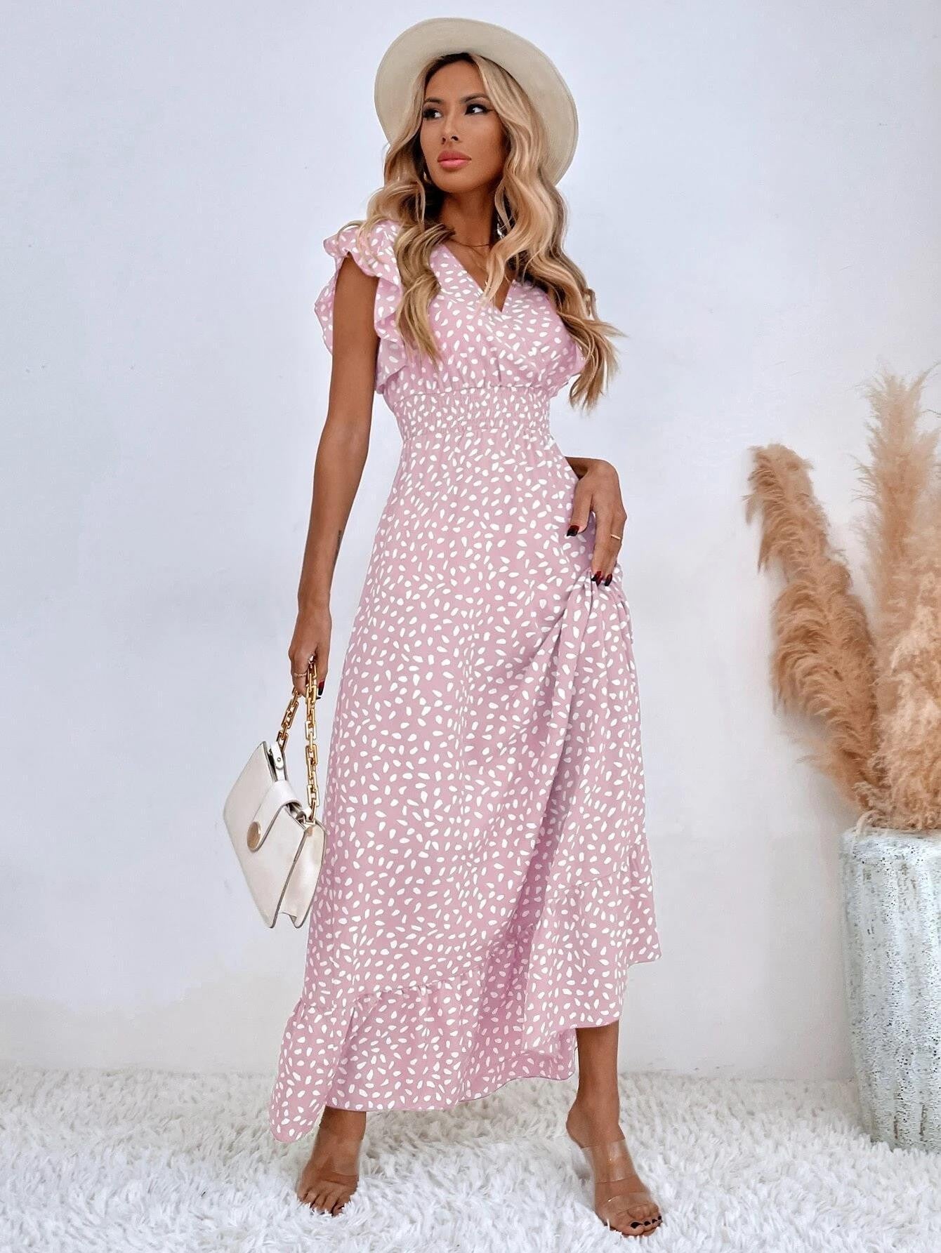 Summer V-Neck Wrap Waist Maxi Dress with Flutter Sleeves-Light purple-S-Free Shipping Leatheretro