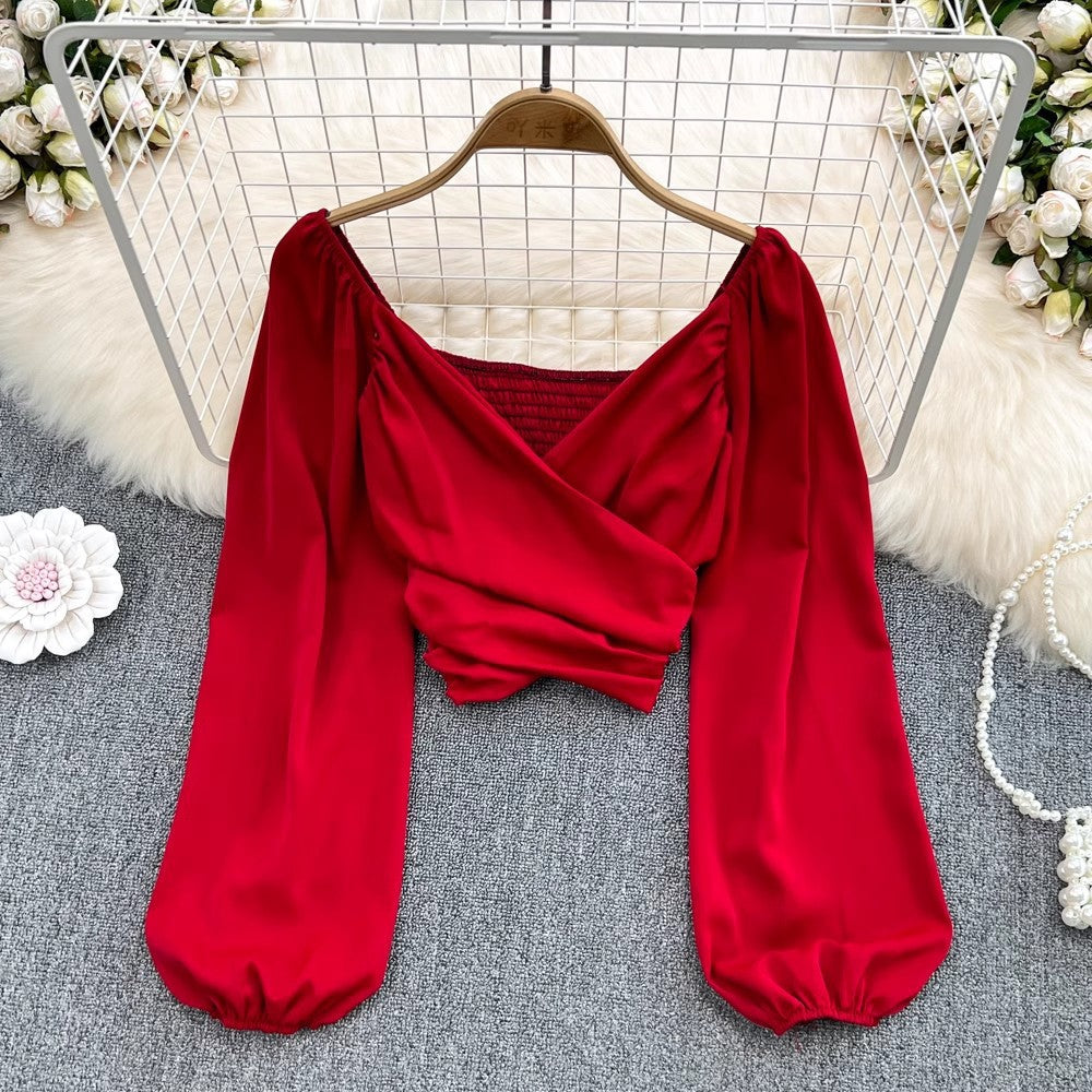 V-Neck Ruffle Bubble Sleeve Cropped Top