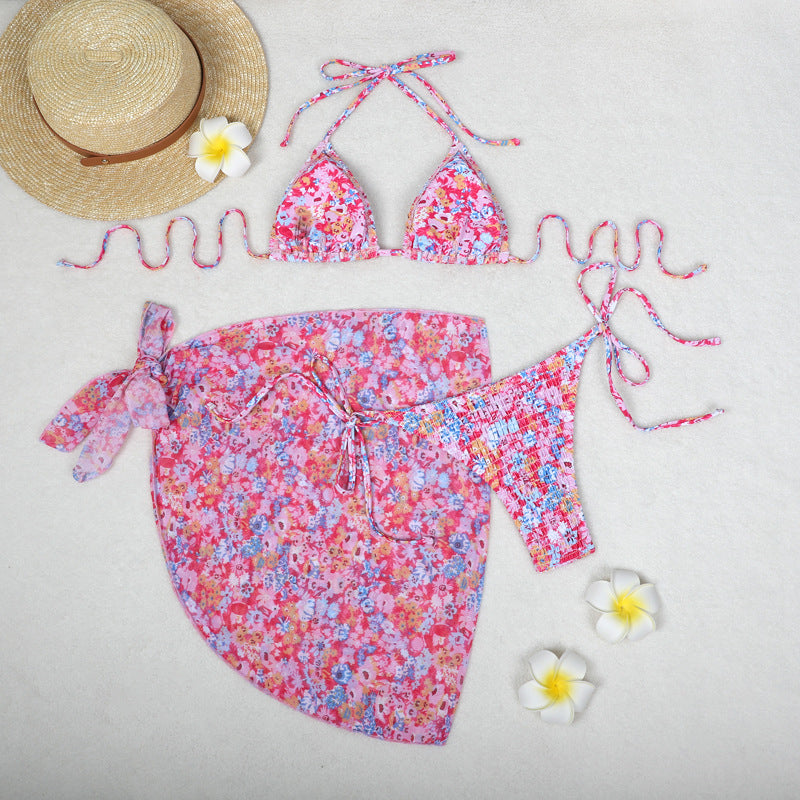 Print Bikini Three-Piece Set – Sheer Skirt Separates, Sexy Vacation Swimwear
