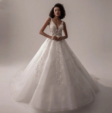 Fashion V Neck Sleeveless Brush Train Wedding Dresses