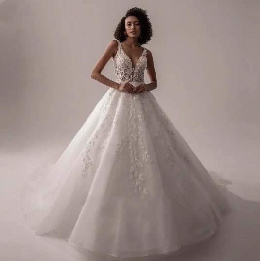 Fashion V Neck Sleeveless Brush Train Wedding Dresses