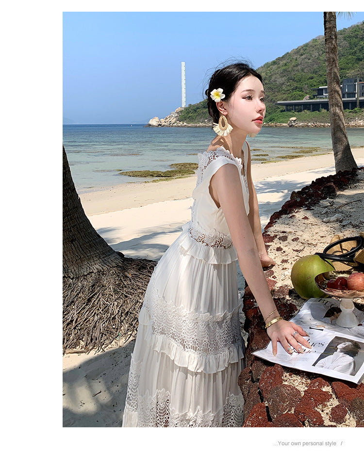 White Lace Cutout Dress -  Boho Summer Sundress for Vacations