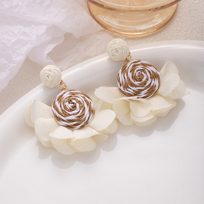 Beach Boho Raffia Flower Hook Earrings