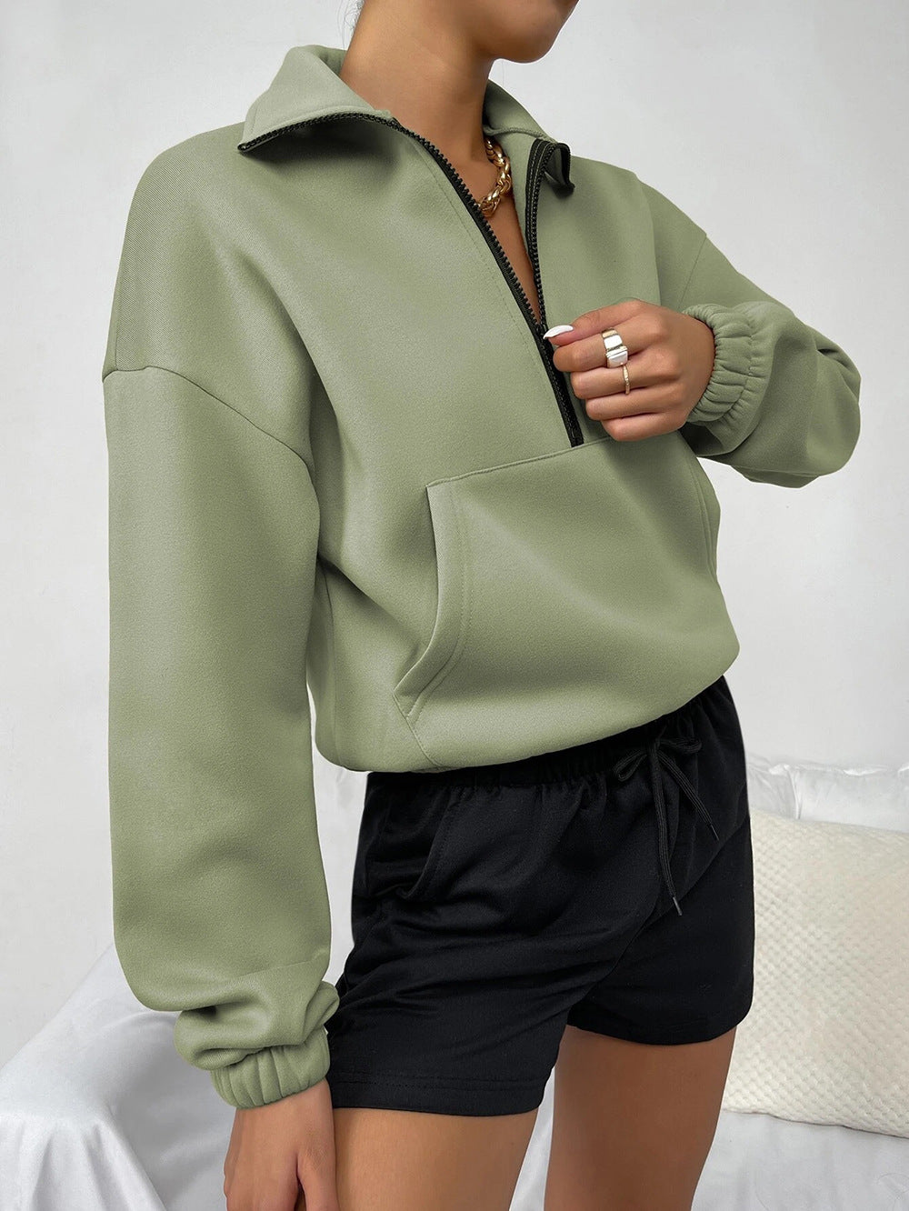 Casual Women Stand Collar Zipper Loose Hoodies