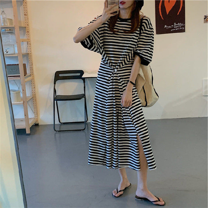 Designed Striped Summer Plus Sizes T Shirts Dresses-Dresses-Black Striped-L-Free Shipping at meselling99