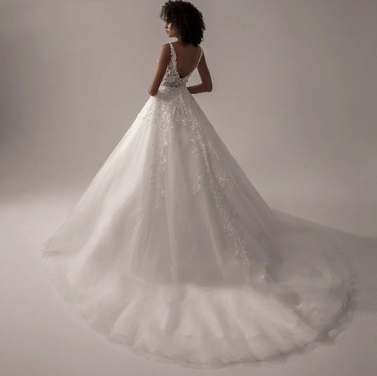 Fashion V Neck Sleeveless Brush Train Wedding Dresses