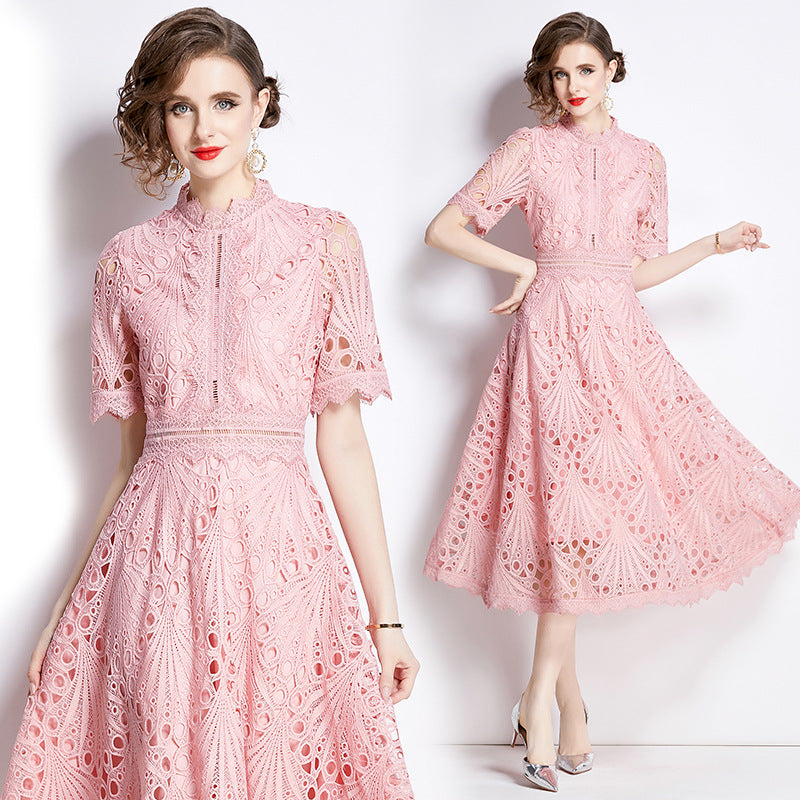 Vintage Embroidery Summer Pink Lace Dresses
