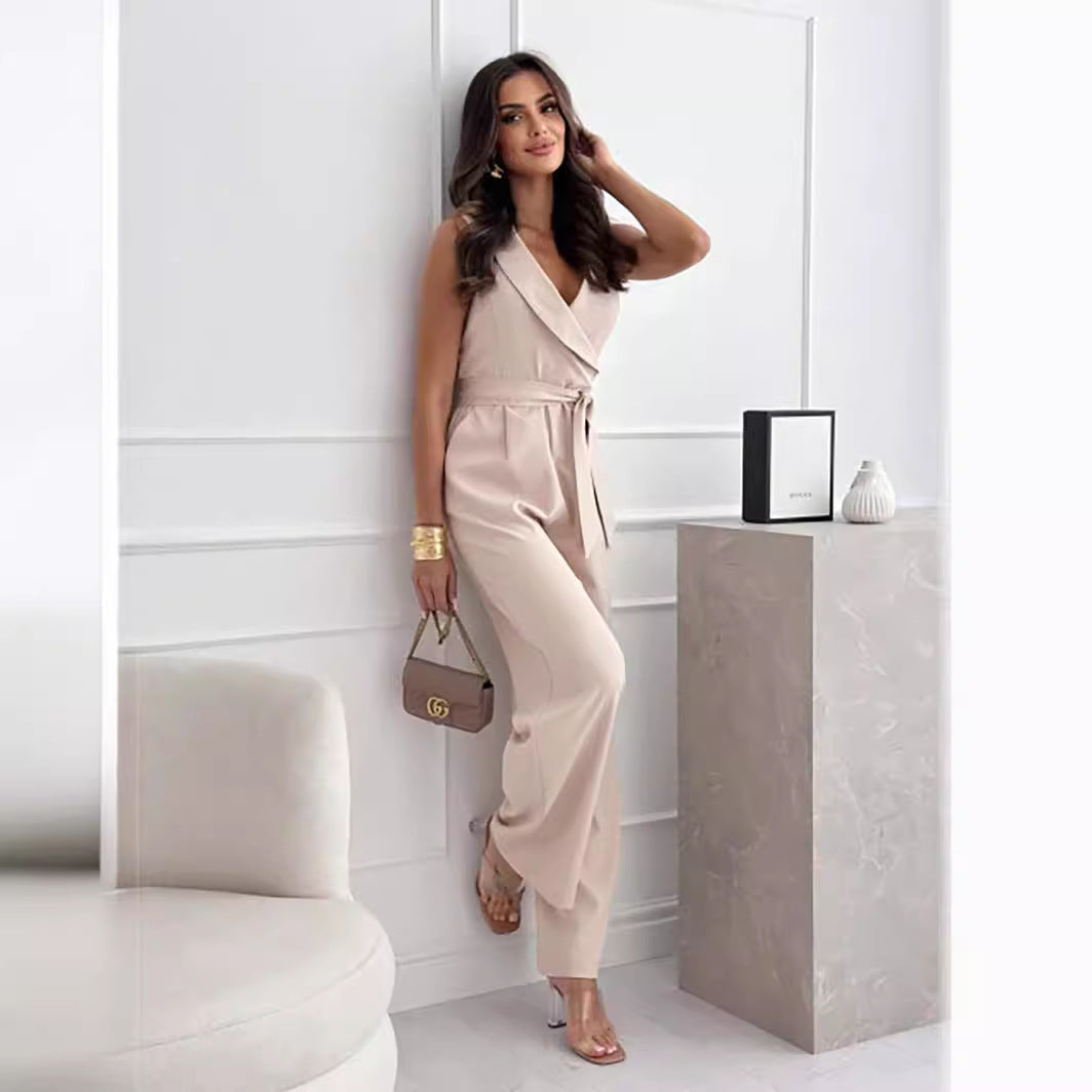 Women's Comfortable Solid Color V-Neck Sleeveless Jumpsuit