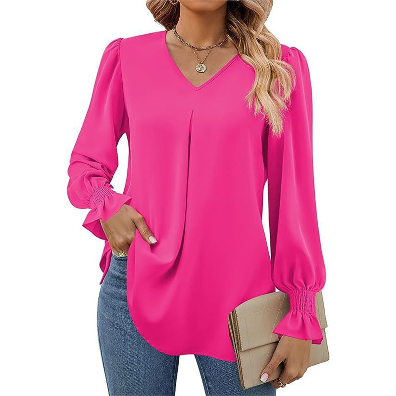 Women's Solid Color Chiffon V-Neck Bell Sleeve Blouse