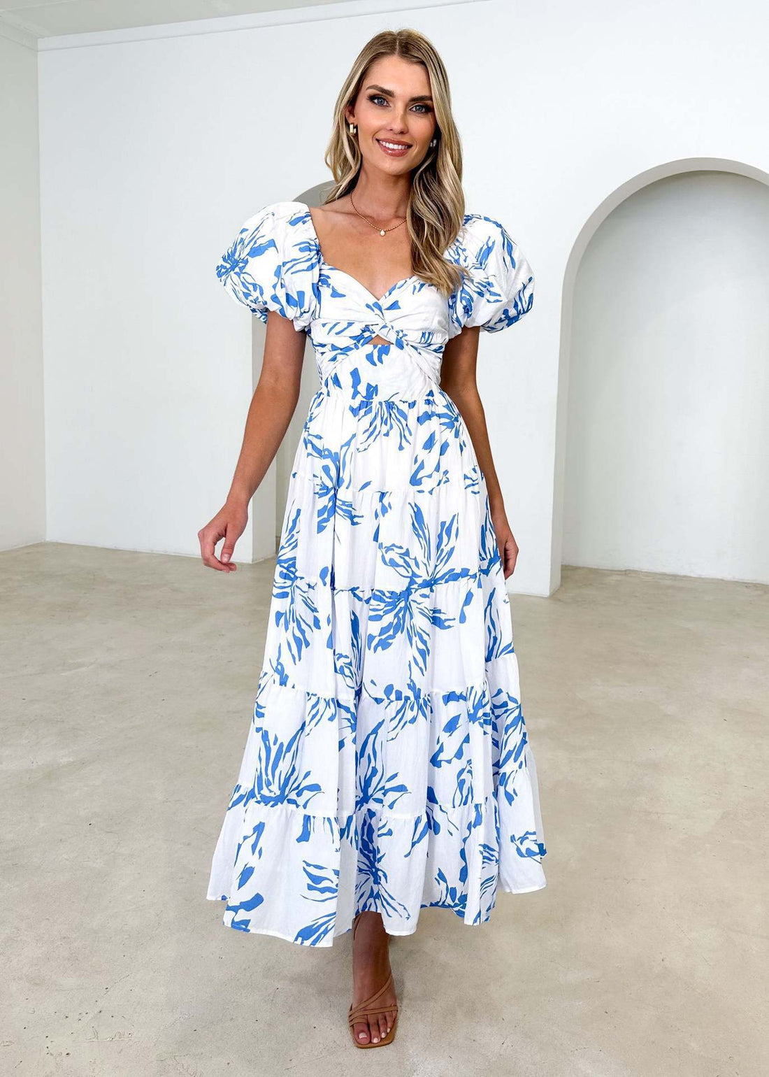 Elegant Floral Print Puff Sleeve Dress